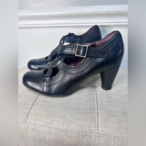 Ladies Size 11 Indigo By Clark's Mary Jane Black Leather Wedge Heel Shoe
